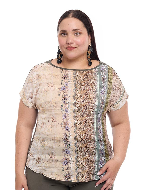 Blusa de Dama Manga Corta con Combinación de Telas y Botones