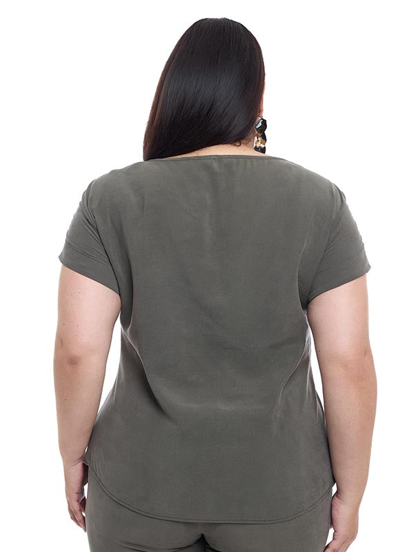 Blusa de Dama Manga Corta con Combinación de Telas y Botones