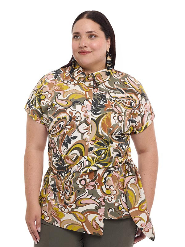 Blusa de Dama Manga Corta Cuello Camisero con Amarre Frontal