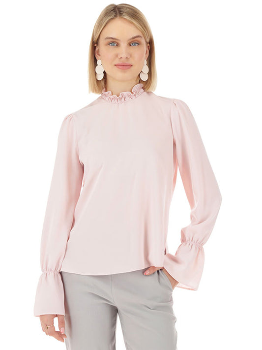 Blusa lisa de cuello alto con elástic y&nbsp; manga larga