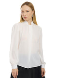 Blusa de Tafetán Lisa Cuello Alto Manga Larga