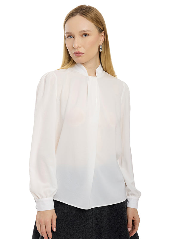 Blusa de Tafetán Lisa Cuello Alto Manga Larga