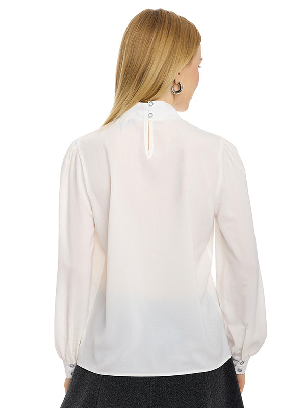 Blusa de Tafetán Lisa Cuello Alto Manga Larga