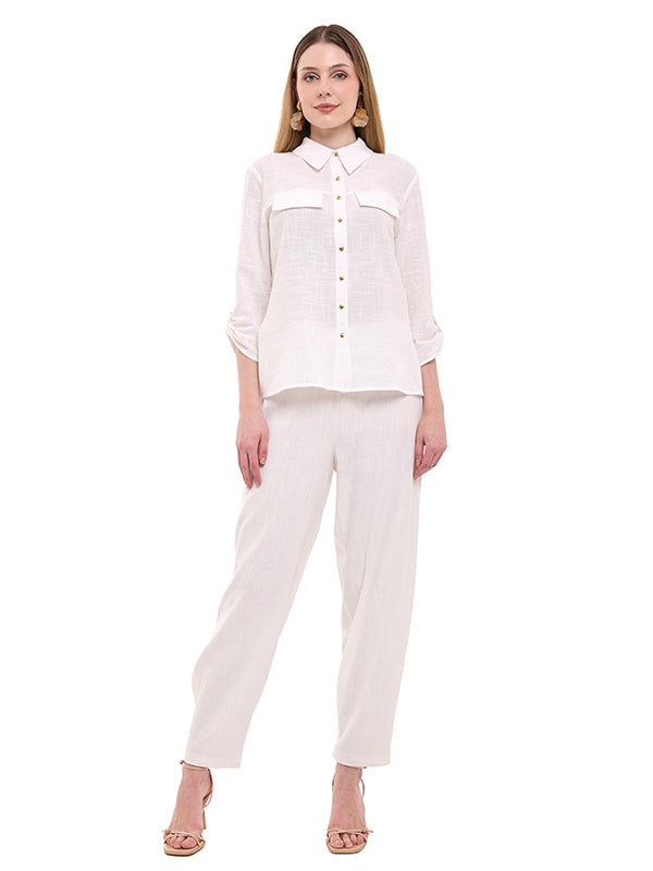 Blusa de Algodón Lisa con Cuello Camisero