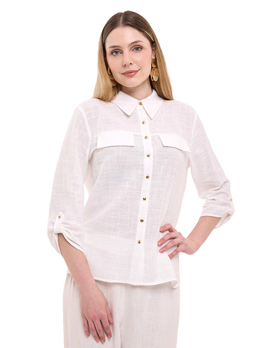 Blusa de Algodón Lisa con Cuello Camisero