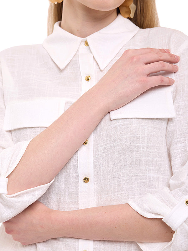 Blusa de Algodón Lisa con Cuello Camisero