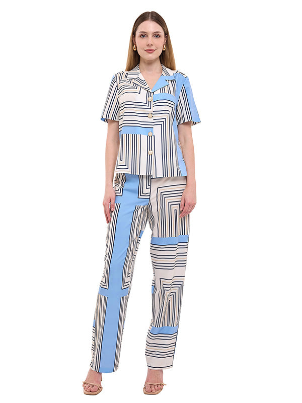 Blusa de Tafetán Estampado Geométrico con Cuello Camisero y Botones