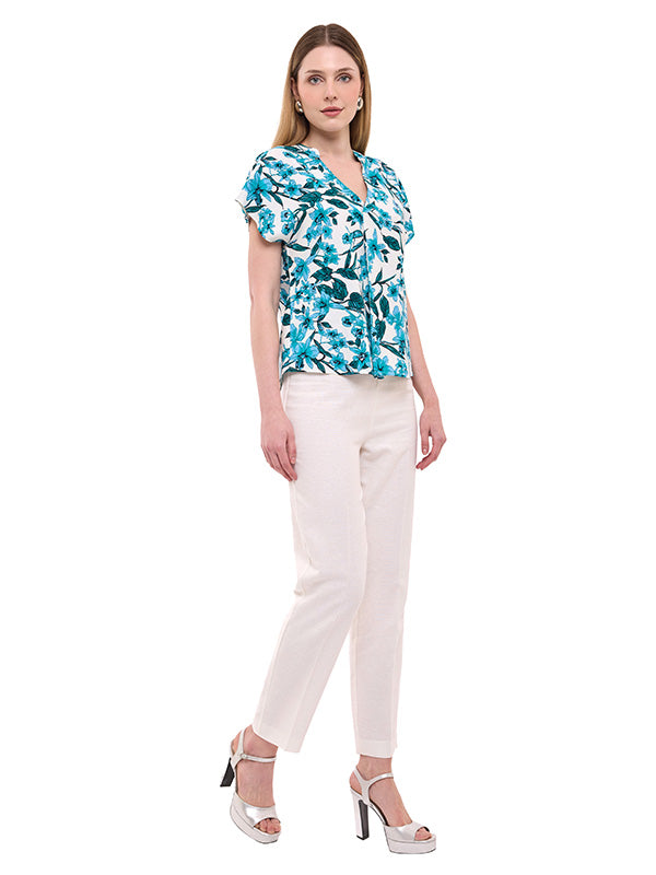 Blusa de Lino Estampado Floral con Escote V
