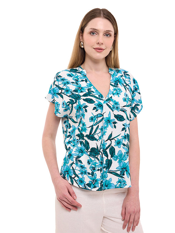 Blusa de Lino Estampado Floral con Escote V