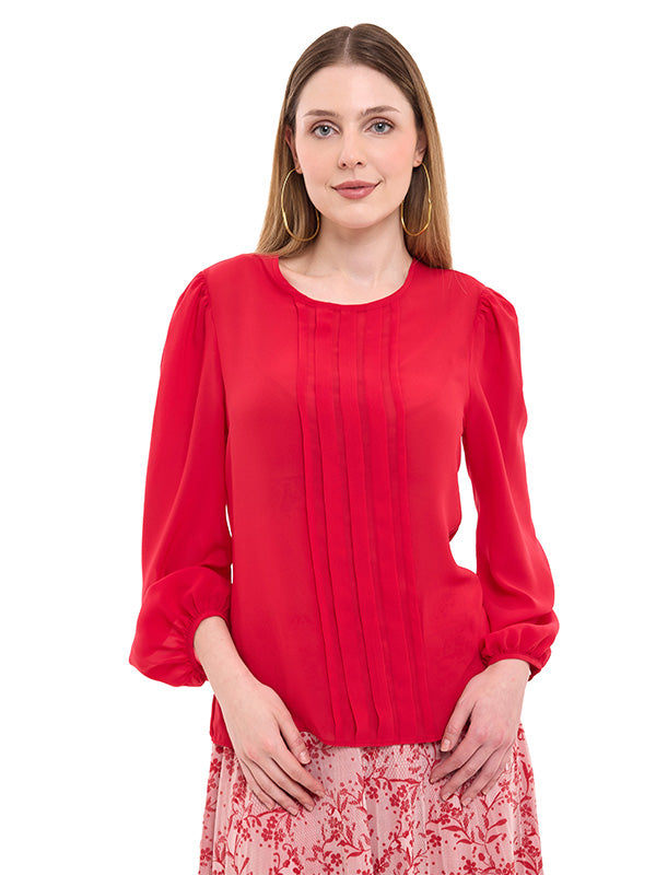 Blusa de Tafetán Lisa de Manga Larga con Botón