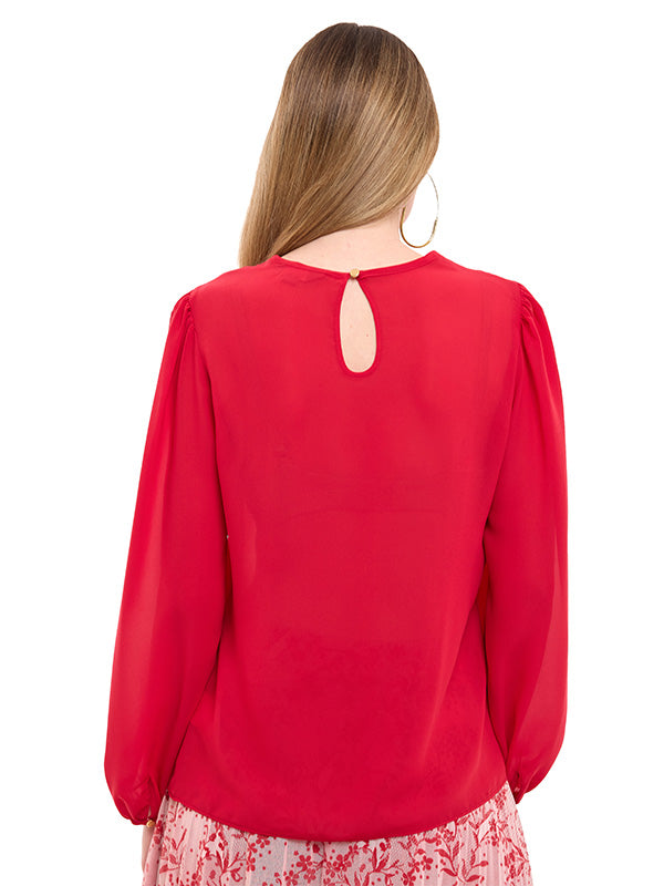 Blusa de Tafetán Lisa de Manga Larga con Botón