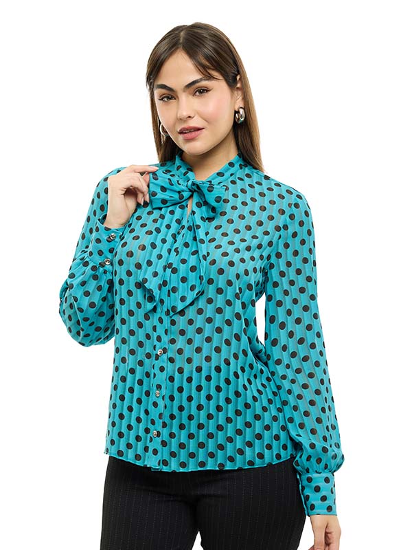 Blusa de Chifón Estampada con Lunares y Corbata al Cuello