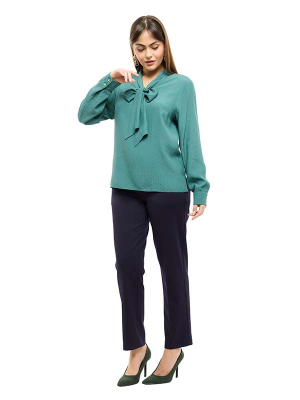 Blusa de Chifón Lisa con Escote en V y Corbata