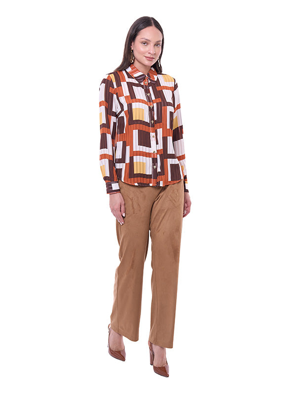 Blusa de Chifón para Dama Estampado Geométrico Cuello Camisero Manga Larga