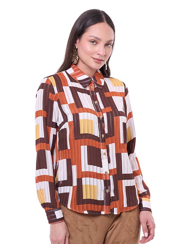 Blusa de Chifón para Dama Estampado Geométrico Cuello Camisero Manga Larga