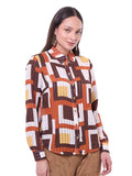 Blusa de Chifón para Dama Estampado Geométrico Cuello Camisero Manga Larga