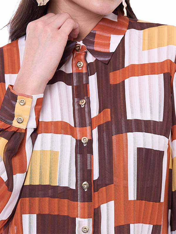 Blusa de Chifón para Dama Estampado Geométrico Cuello Camisero Manga Larga
