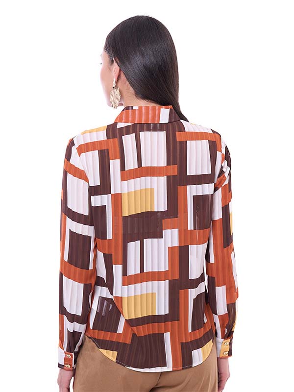Blusa de Chifón para Dama Estampado Geométrico Cuello Camisero Manga Larga