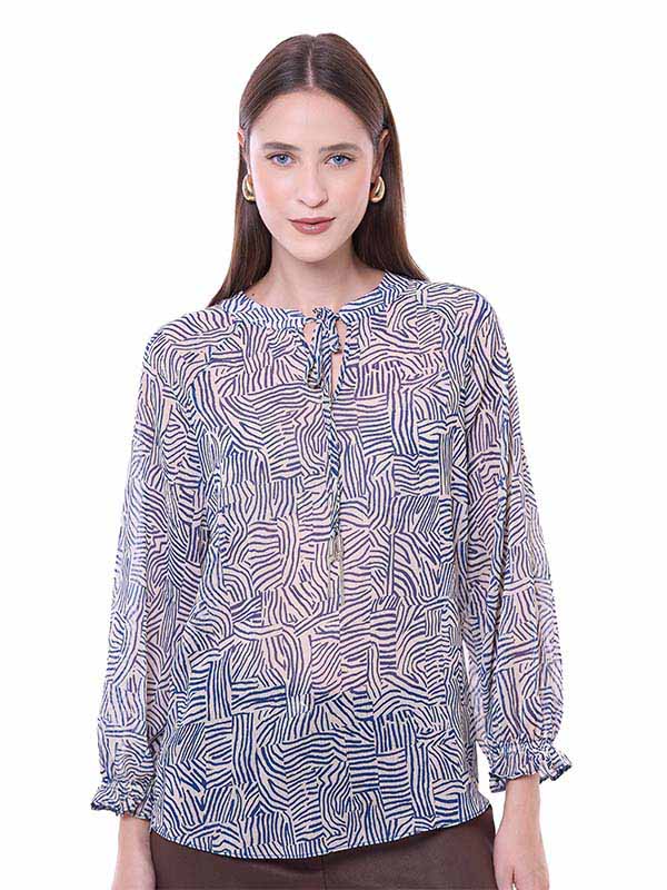 Blusa de Chifón Animal Print con Cuello Redondo y Manga Corta