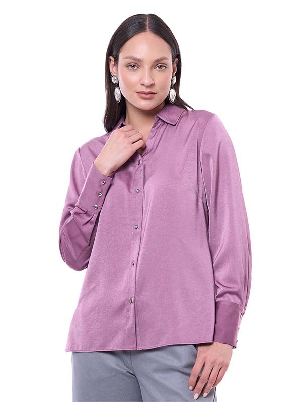Blusa de Satín para Dama Lisa Cuello Camisero Manga Larga con Botones