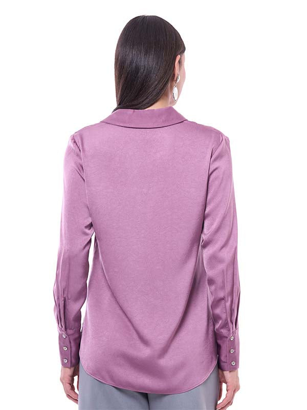 Blusa de Satín para Dama Lisa Cuello Camisero Manga Larga con Botones
