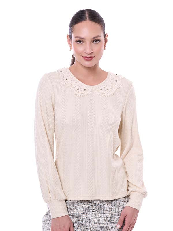 Blusa de Escote Redondo con Aplicación de Cuello