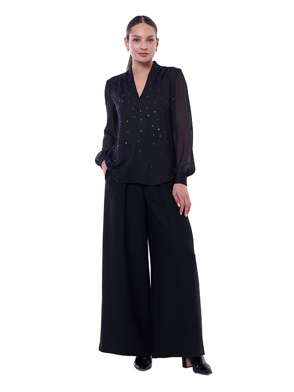 Blusa de Chifón para Dama Escote V con Lentejuelas y Mangas