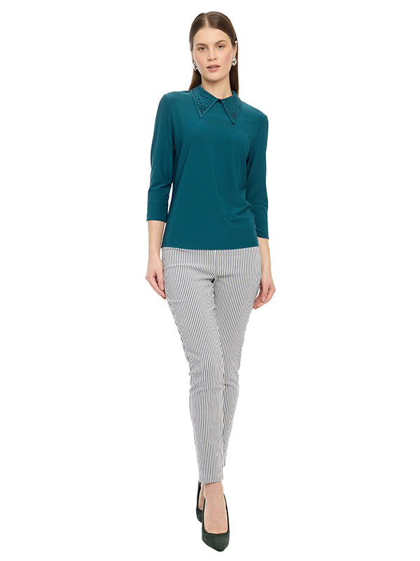 Blusa de Jersey con Cuello Camisero y Aplicación en Cuello