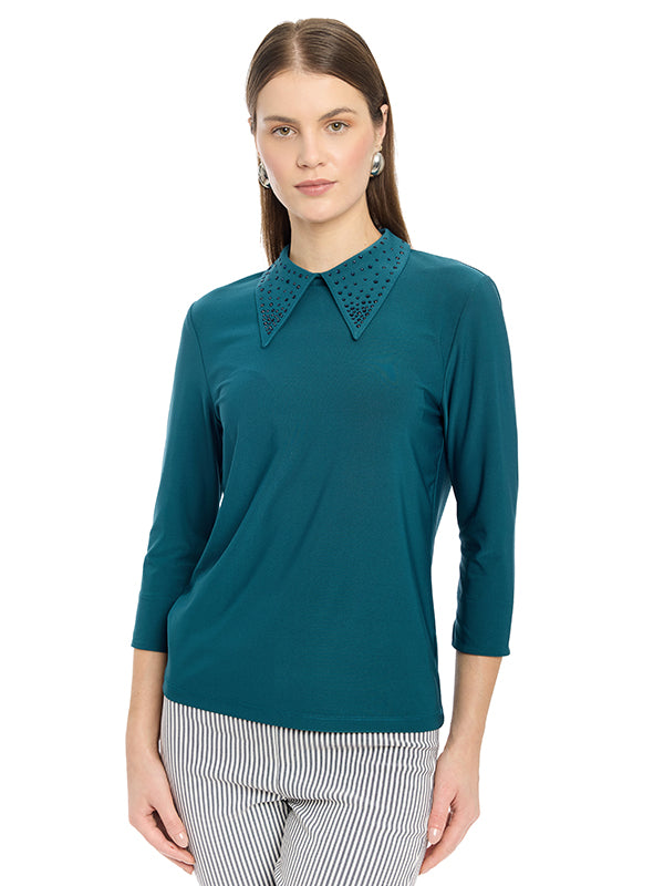 Blusa de Jersey con Cuello Camisero y Aplicación en Cuello