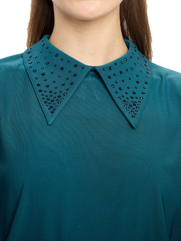 Blusa de Jersey con Cuello Camisero y Aplicación en Cuello