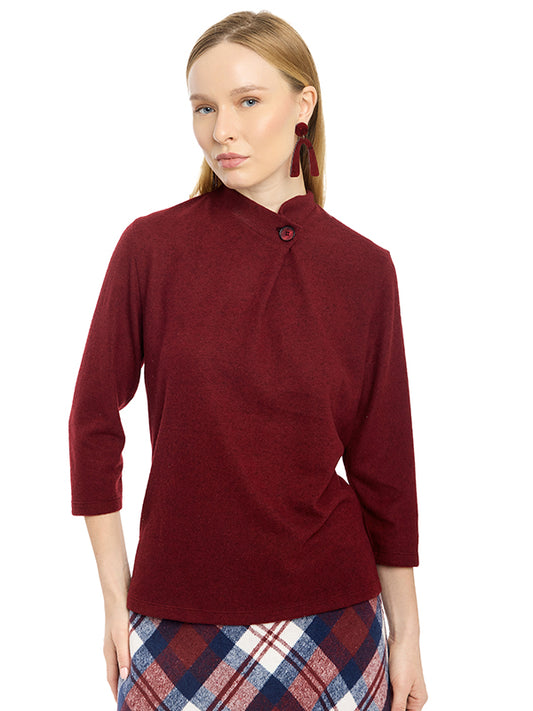 Blusa de Jersey Lisa con Cuello Redondo, Manga 3/4 y Detalle Aplicado