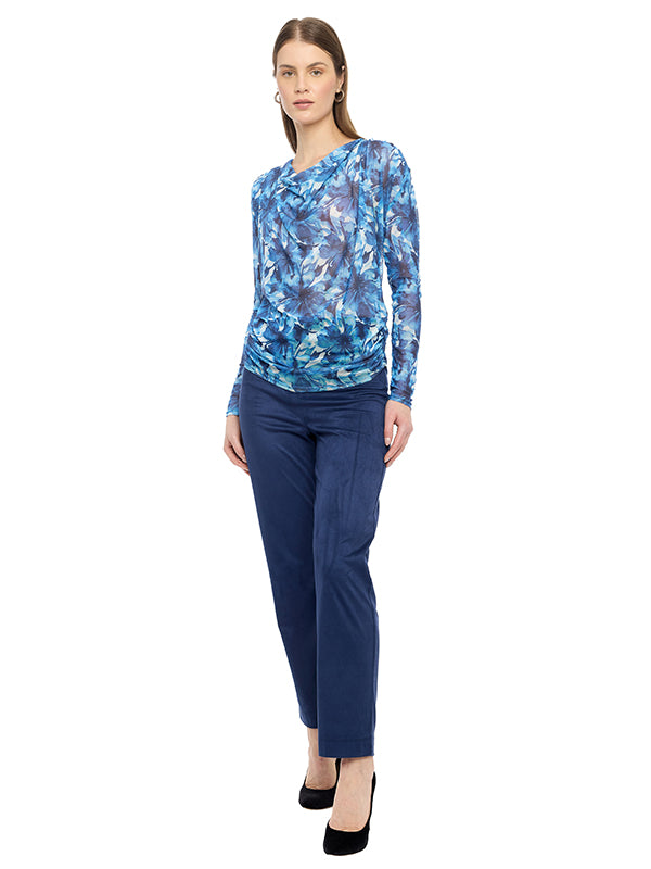 Blusa Mesh con Estampado Floral y Cuello Drapeado