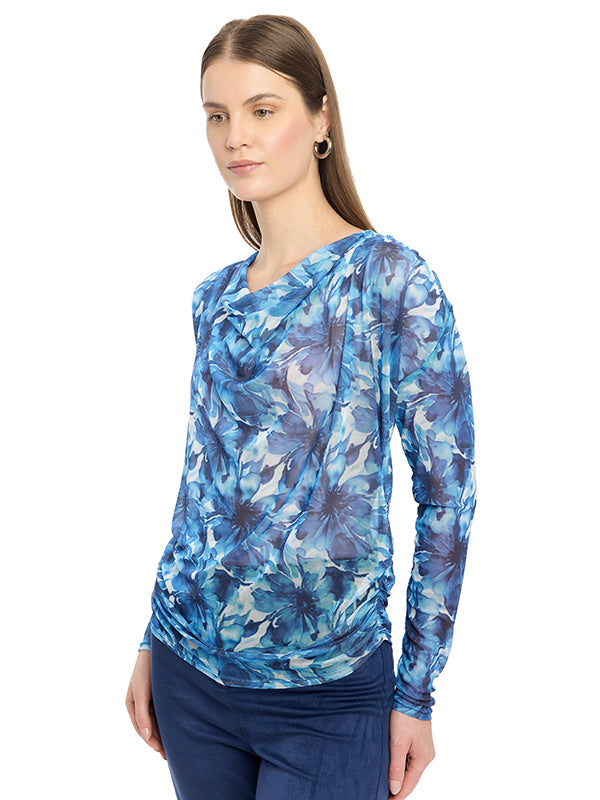 Blusa Mesh con Estampado Floral y Cuello Drapeado