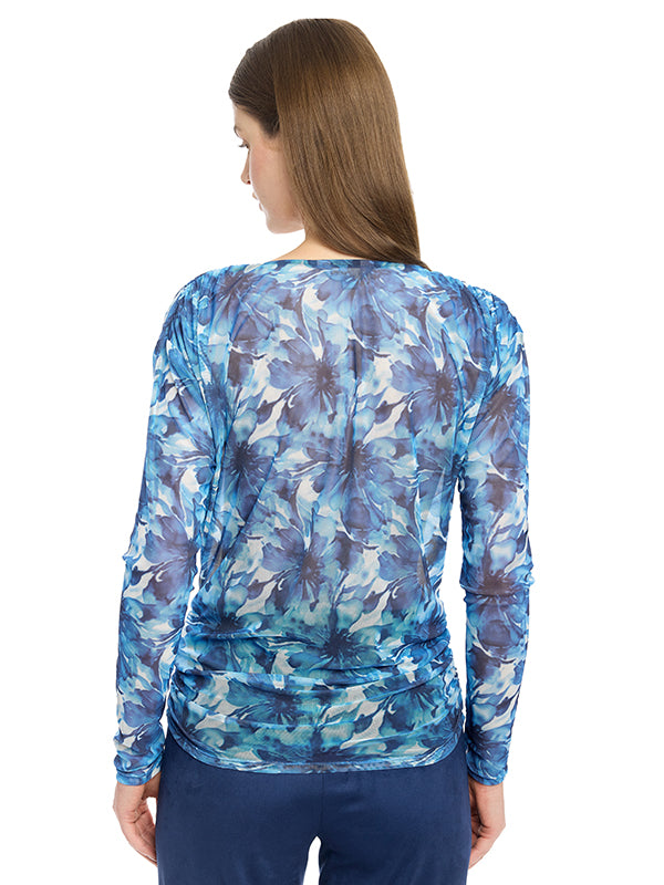 Blusa Mesh con Estampado Floral y Cuello Drapeado