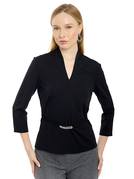 Blusa Jersey con Cuello V y Aplicación