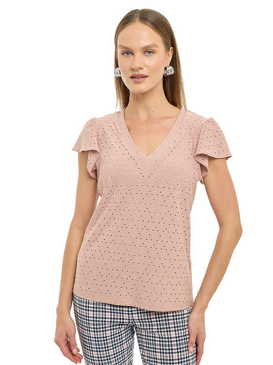 Blusa de Jersey Liso con Cuello V y Manga Volante