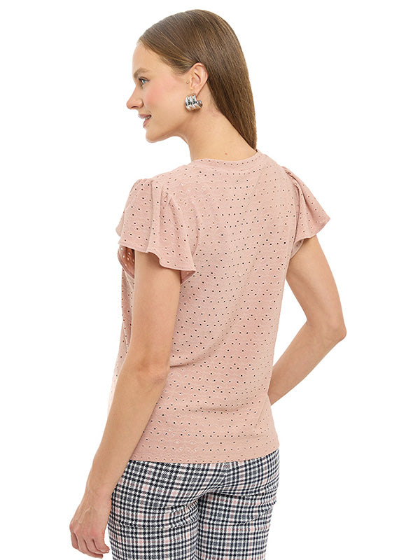 Blusa de Jersey Liso con Cuello V y Manga Volante