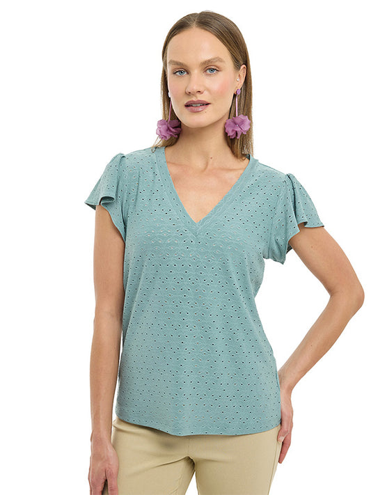 Blusa de Jersey Liso con Manga Volante