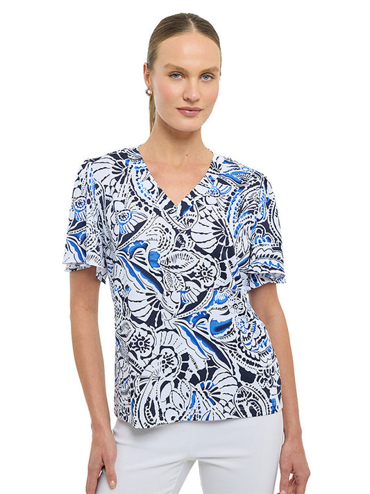 Blusa de Jersey Floral con Cuello en V y Manga Volante