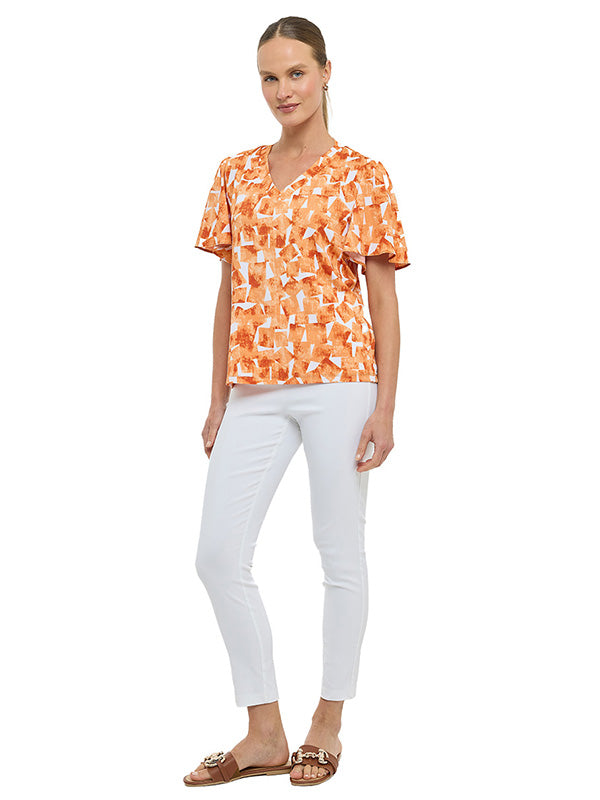 Blusa de jersey con estampado geométrico, cuello en V y manga volante