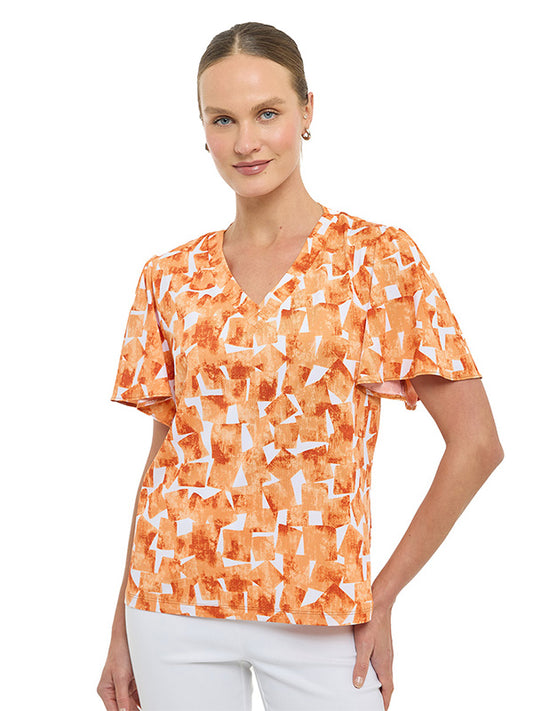 Blusa de jersey con estampado geométrico, cuello en V y manga volante