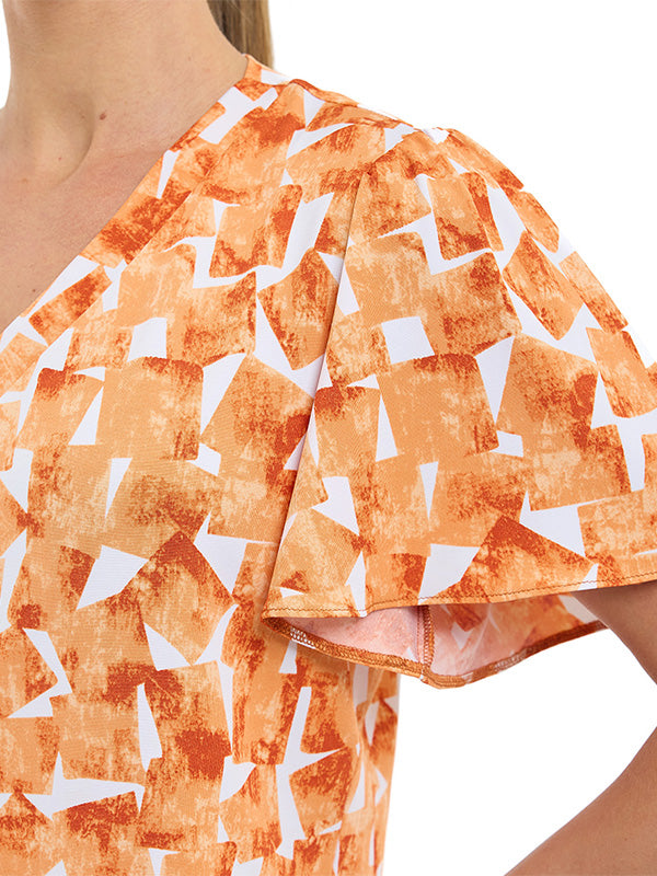 Blusa de jersey con estampado geométrico, cuello en V y manga volante