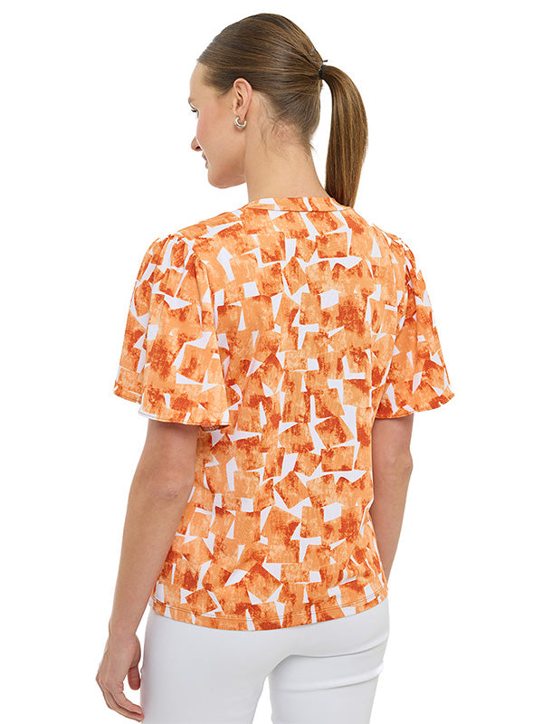 Blusa de jersey con estampado geométrico, cuello en V y manga volante