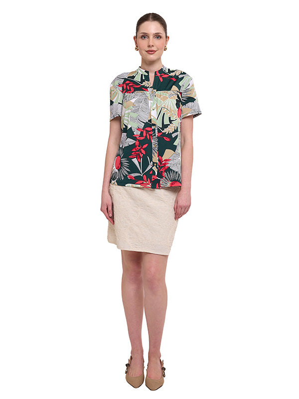 Blusa de jersey con estampado floral, cuello redondo y manga corta