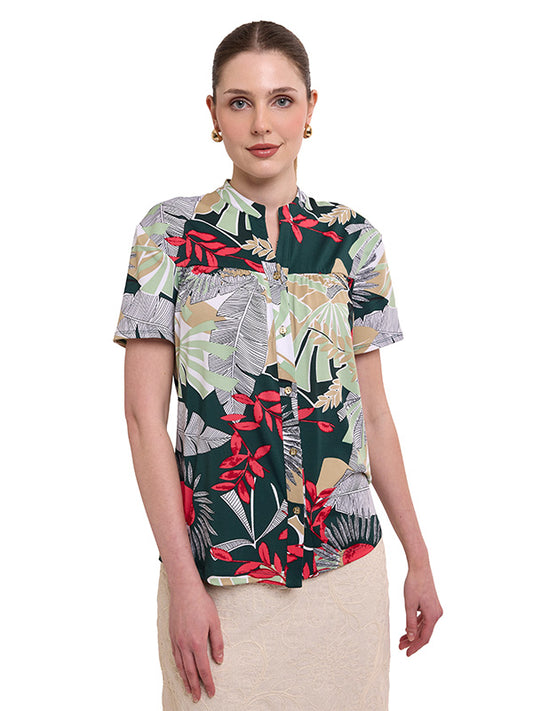 Blusa de jersey con estampado floral, cuello redondo y manga corta