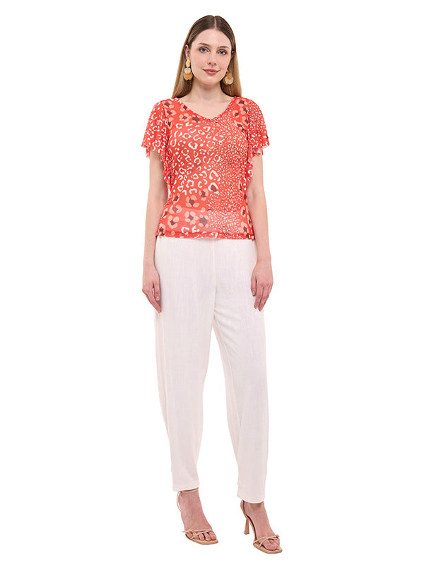 Blusa Mesh Animal Print con Cuello V y Manga Volante