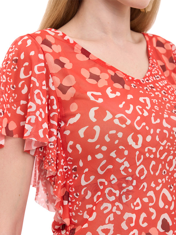 Blusa Mesh Animal Print con Cuello V y Manga Volante
