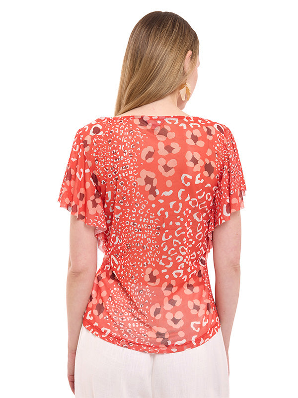 Blusa Mesh Animal Print con Cuello V y Manga Volante