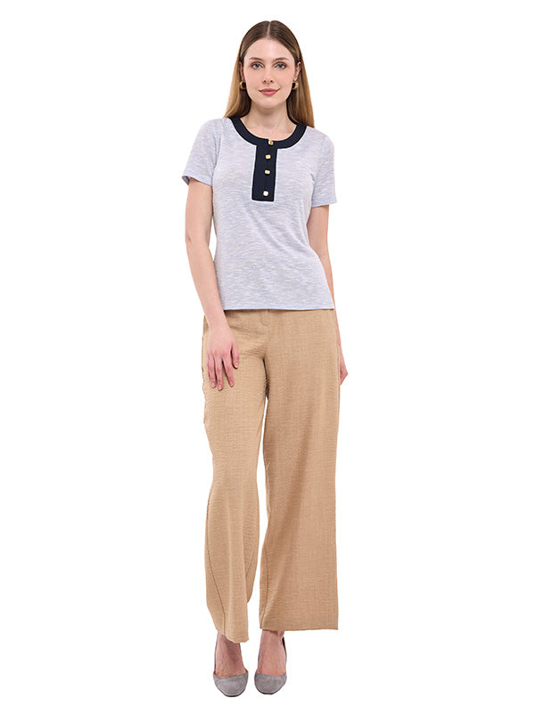Blusa de Jersey Liso con Botones y Cuello Redondo