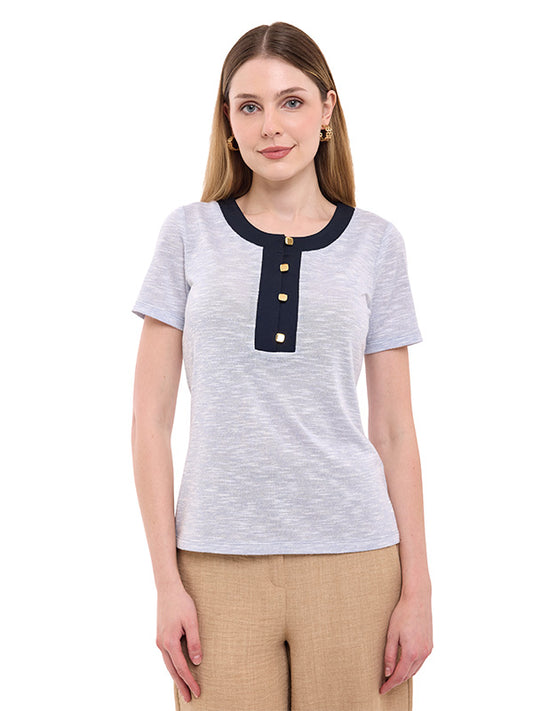 Blusa de Jersey Liso con Botones y Cuello Redondo